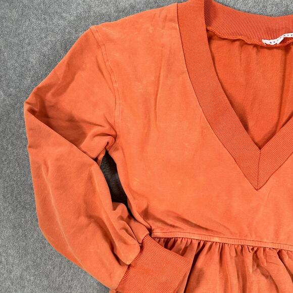 BaeVely V-Neck Mini Dress Size Small Orange Gathered Waist Long Sleeve Distresse - Picture 2 of 11